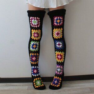 Black Women's Extra Long Crochet Knit Over Knee Stockings